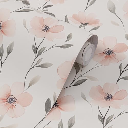 FUKU MON Soft Pink Boho Floral Peel and Stick Wallpaper Vintage Watercolor Removable Self Adhesive Wallpaper, Waterproof Renter Friendly Contact Paper for Girls Bedroom Nursery Decor,15.7"x197" - color: White, size: 197" x 15.7"