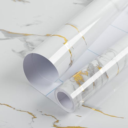 Marble Contact Paper Gold Peel and Stick Wallpaper for Kitchen Countertop - color: Gold/White, size: 17.7" x 196.8"