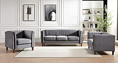 Container Furniture Direct Modern Luxury Velvet Couches for Living Room with High Density Foam, Soft Fabric Upholstery, Removable Cushions and Solid Wood Legs, 3 Piece Set Chair, Loveseat & Sofa, Grey - color: Grey, size: 3 Piece Set