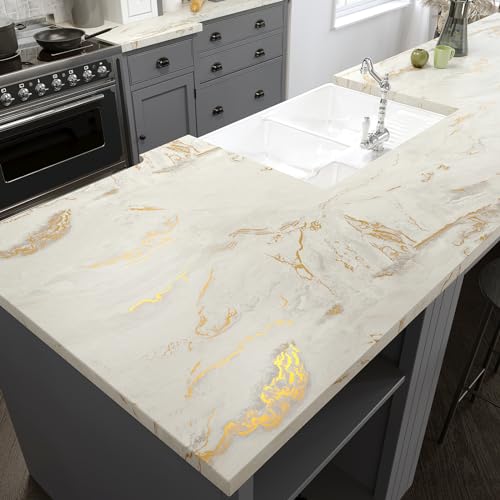 VEELIKE 118''x32'' Wide Matte Gold Beige Marble Contact Paper for Countertops Waterproof Marble Wallpaper Peel and Stick Countertops for Kitchen Bathroom Removable Self Adhesive Countertop Covering - size: 32" x 118"