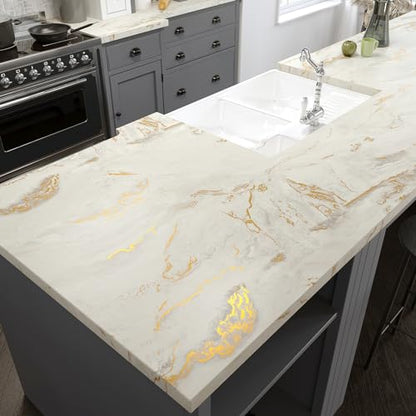 VEELIKE 118''x32'' Wide Matte Gold Beige Marble Contact Paper for Countertops Waterproof Marble Wallpaper Peel and Stick Countertops for Kitchen Bathroom Removable Self Adhesive Countertop Covering - size: 32" x 118"