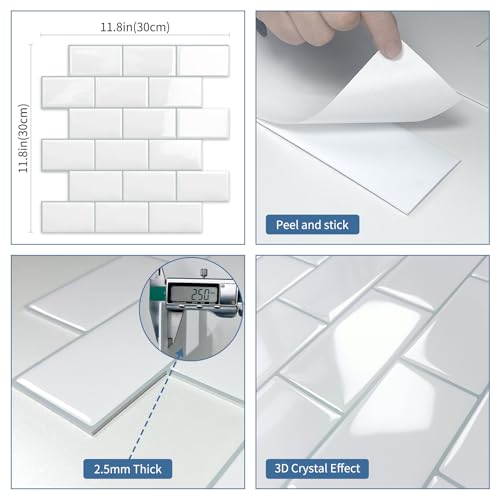White Peel and Stick Backsplash Subway Tile for Kitchen 10 Sheet - color: White