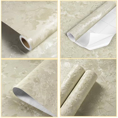 Embossed Wallpaper Peel and Stick 17.7"×236" Beige Wallpaper Textured Floral Wall Paper Peel and Stick for Girls Bedroom Embossed Beige Contact Paper for Cabinet Drawer Self Adhesive Vinyl - size: 17.7" x 236"
