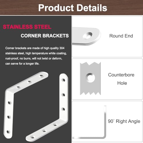 10 Pcs White L Bracket 4 Inch Heavy Duty Stainless Steel Corner Braces, 90 Degree Joint Right Angle Brackets for Wood, Floating Shelf, Cabinet, DIY Frame, with Screws - size: White 4in x 4in L-Shaped