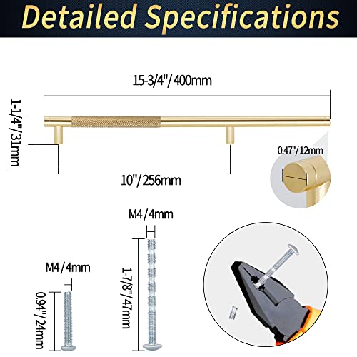 16" Length Knurled Cabinet Pulls 12 Pack - 10" Hole to Hole, Golden - color: Gold, size: 256mm | 10 inch C/C