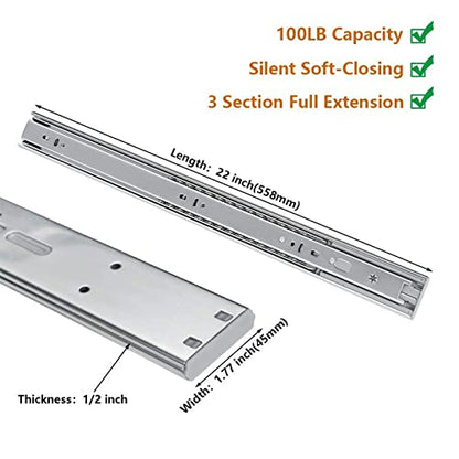 LONTAN 2 Pair Soft Close Drawer Slides 22 Inch Cabinet Drawer Slides & 2 Pair Metal Rear Mounting Brackets for Face Frame Cabinets