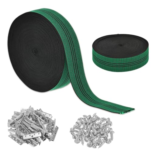 2 Inch Wide 65 ft Long Lawn Chair Webbing Replacement Kit Patio Furniture Repair Straps Upholstery Webbing with Metal Buckles Elastic Band to Repair Sagging Couch Outdoor Sofa Recliner Green - color: Green