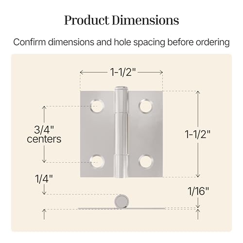 Nickel Butt Hinges with Removable Pin - 1-1/2" x 1-1/2" - Pack of 2 - Cabinet Door Hinges - UA-266-HPN (1) - color: Nickel