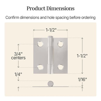 Nickel Butt Hinges with Removable Pin - 1-1/2" x 1-1/2" - Pack of 2 - Cabinet Door Hinges - UA-266-HPN (1) - color: Nickel