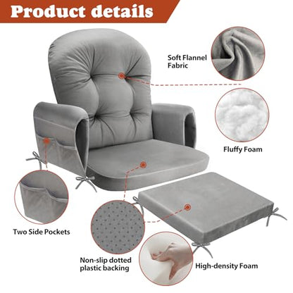 JZHLLA Glider Rocker Replacement Cushion Set with Storage Pockets Soft Flannel Fabric & High-Resilience Foam Non-Slip Back Rocking Chair Cushion for Living Room Rocking Chair(Grey) - color: Grey