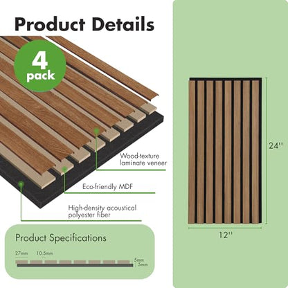 Art3d 12" x 24" Acoustic Wood Slat Wall Panel, 4pcs, 8 sq.ft, Deep Walnut - color: Deep Walnut, size: 12" x 24"