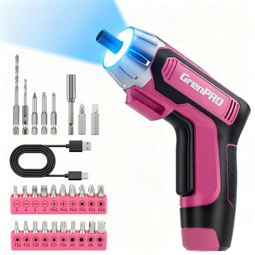 GRENPRO 4V Cordless Electric Screwdriver Set, 29-Piece, Pink - color: Pink