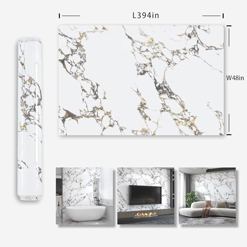 White Gold Marble Granite Contact Paper Kitchen Countertop peel and stick heat resistant wall paper 394x48inch widen Counter top Vinyl Wrap Waterproof Bathroom Wallpaper Carbon Rock Board wall sticker - color: White Gold, size: 48" x 394"