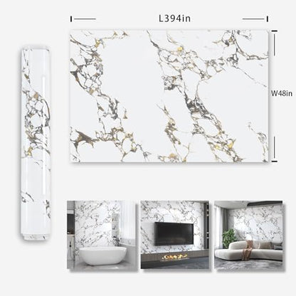 White Gold Marble Granite Contact Paper Kitchen Countertop peel and stick heat resistant wall paper 394x48inch widen Counter top Vinyl Wrap Waterproof Bathroom Wallpaper Carbon Rock Board wall sticker - color: White Gold, size: 48" x 394"