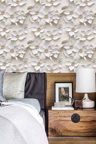 Peel and Stick Wallpaper Cream White Floral Small Art Deco - color: Cream&yellow, size: 17.7" x 78.7"