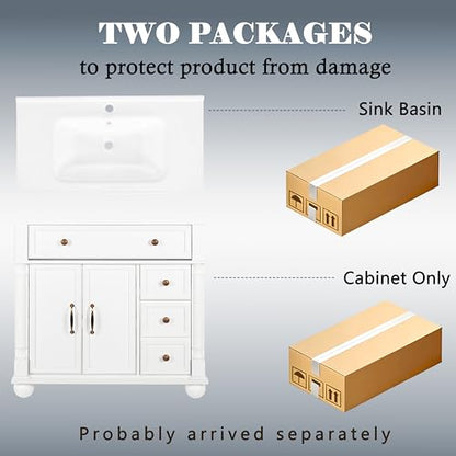 Bathroom Vanity Cabinet with Sink, White, 35.6 x 18.7 x 34 in