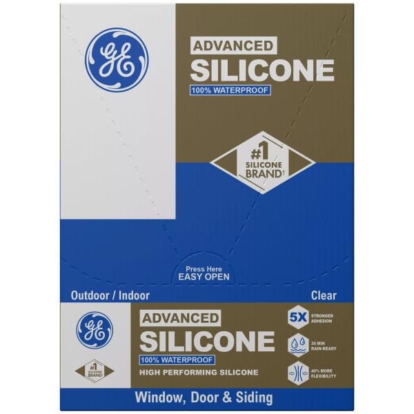 GE Advanced Silicone Caulk for Window & Door, Clear, 2.8 fl oz Tube, 12 Pack - 100% Waterproof Silicone Sealant, 5X Stronger Adhesion, Freeze & Sun Proof - size: Pack of 12, style: Clear