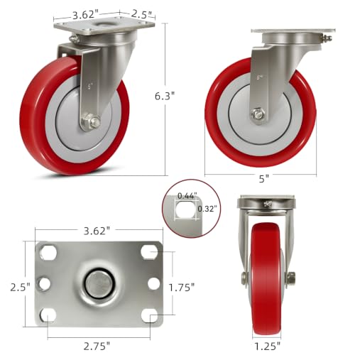 5" Caster Wheels Heavy Duty, Stainless Steel Casters for Cart, Each Industrial Polyurethane Caster Load 350 lbs (12 Swivel) - style: 12 Swivel