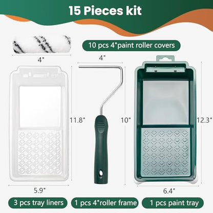 Paint Roller Kit, 15 Pcs 4 Inch Small Roller, Paint Tray, Paint Tray Liners and Paint Roller Frame, Home Improvement Paint Supplies, Mini Paint Rollers for Painting Walls