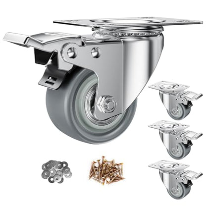 2" Swivel Plate Casters with Brake - Set of 4 - color: Grey, size: 2 inch