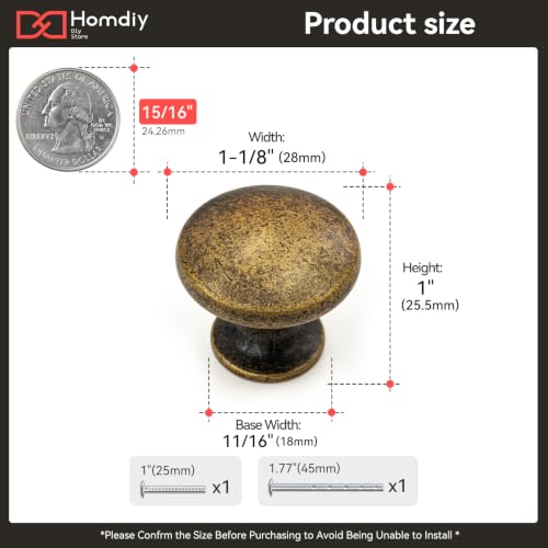 homdiy 30 Pack Antique Brass Round Solid Zinc Alloy Cabinet Knobs - color: Antique Brass