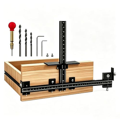 Cabinet Hardware Jig, Adjustable Drilling Guide, Drawer Handle Hole Drilling Template with Automatic Center Punch, Aluminum Alloy Drill Guide for Cabinet Pulls Knobs Woodworking