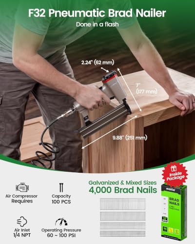 meite F32 18 Gauge Brad Nailer, Pneumatic Brad Nailer with 4,000 Pcs Nails - size: F32 with 4,000 Pcs Nails