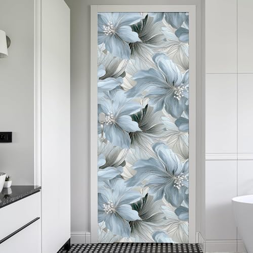 REDAMANCY Sliver/Grey/Blue Abstract Floral Peel and Stick Door Stickers Vinyl Mural Decals Decor Modern Wallpaper Self-Adhesive, Waterproof, Removable - color: Mta-34