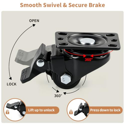 1.25" Heavy Duty Low Profile Swivel Plate Casters with Brake, 4 Pcs