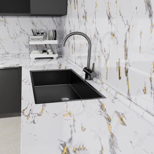 Glossy Thick Marble Contact Paper for Countertops Peel and Stick Wallpaper - color: White and Gold, size: 23.6" x 196.8"