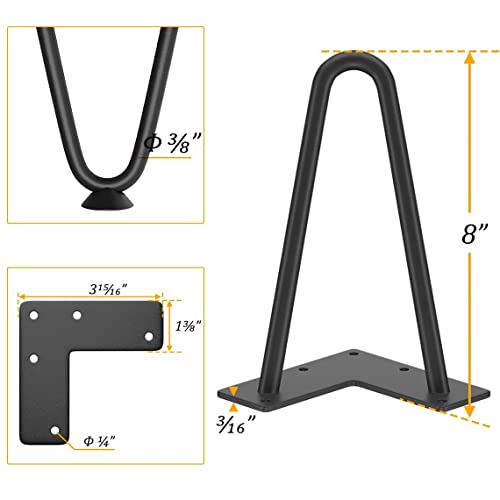 Genius Iron Hairpin Furniture Legs 8 inch, Black, 4 PCS - size: 8 Inch