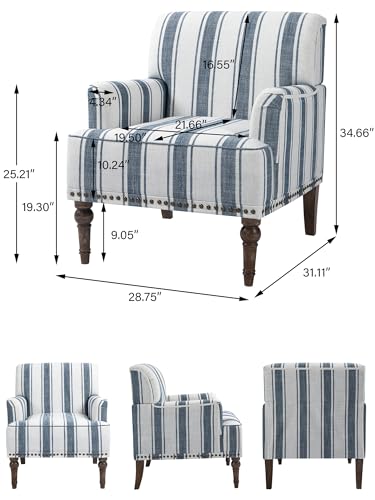 Mid-Century Modern Accent Chair, Dark Blue Stripe, Set of 2 - color: Fabric Dark Blue Stripe