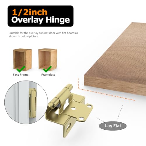 Chibery 20 Pack | 1/2 inch Overlay Semi Partial Wrap Around Cabinet Hinges, Self Closing Face Frame Variable Decorative Replacement, Kitchen Hardware, with Screw & Quiet Bumper (Brass Gold) - color: Gold