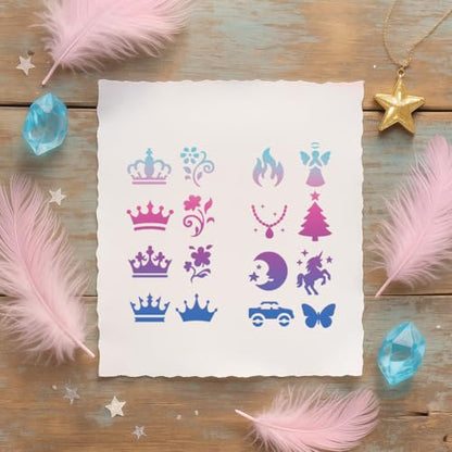 12 Sheets Decorative Painting Templates, 96 Styles Crowns Flowers Animals Christmas Halloween Drawing Templates Reusable Border Stencil for Painting on Wall Wood Home Holiday Decor - style: Mixed Elements