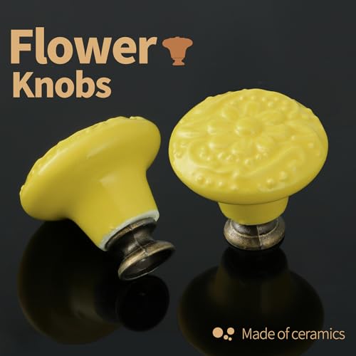 Ceramic Cabinet Knobs, Embossed Floral Design - Yellow, 20pcs - color: Yellow