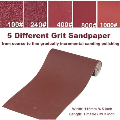 Sandpaper Roll 100# 240# 400# 800# 1000#, 5 PCS Aluminum Oxide Abrasive Emery Cloth Roll for Dry & Wet Grinding Sanding Polishing (Length 1 metre, Width 115 mm) - size: 5 Metre, style: 100/240/400/800/1000 Grit