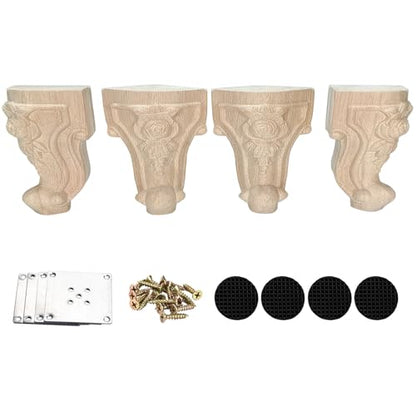 Wooden Furniture Legs with Mounting Plates Screws Set of 4 4 Inch Solid Wood Unfinished Rose European Style Replacement Furniture Feet for Couch Cabinet Sofa Ottoman TV Stand Home DIY Projects (4inch)