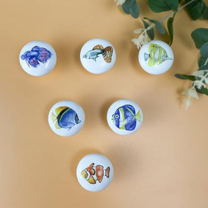 Set of 6 Ceramic Kids Nursery Cute Fish Cabinet Door Coastal Beachy Dresser Drawer Knobs and Pulls Handles 1.5 X 1.5 Inches - size: fish