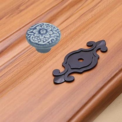 HUAMULAN 10 Pack Ceramic Knobs Cabinet Pulls Handle with Black Backplate - color: Blue Knob + Black Base