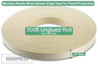 WoodPress® 7/8 inch Real Maple Wood Unglued Edge Banding Veneer - 500 ft Professional Trade Roll - Sanded & Fleeced Trim for Furniture, Worktop, Door, Table, Cabinet, Shelves