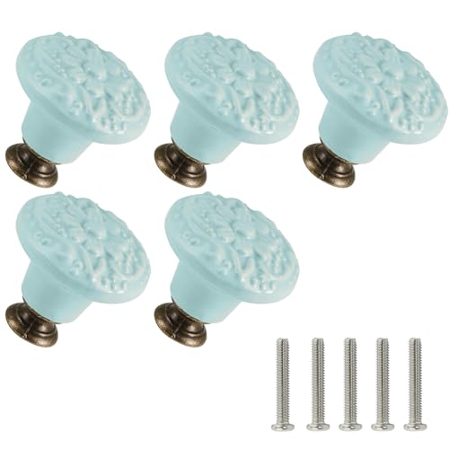 Ceramic Knobs, Embossed Floral Design - Light Blue, 20pcs - color: Light Blue