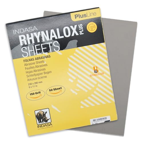 Indasa 50 PCS 9x11 Sandpaper Rhynalox Plusline - 150 Grit Dry Sanding Sheets, Professional-Grade Abrasive for Wood, Metal, Automotive, and Paint Finishing - Durable, Clog-Resistant Sand Paper - size: 150 GRIT 9x11" Rhynalox