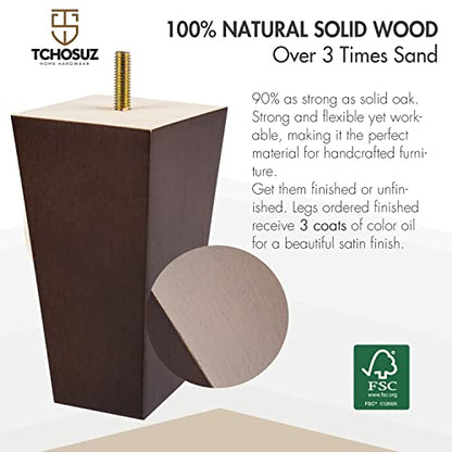 4 inch / 10cm Wooden Furniture Legs, Tchosuz Pack of 4 Mid Century Modern Solid Wood Walnut Pyramid Square DIY Replacement Feet with 5/16" Hanger Bolts & T-Nuts for Sofa Couch Armchair Bed Riser - color: Walnut, size: 4"/10cm