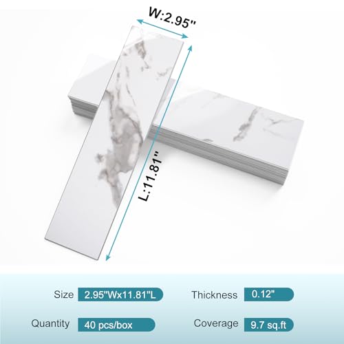 Vamos Tile Peel & Stick Backsplash on Subway Tile,40-Pack 3''x12'',Glossy - color: White Marble with White Grout