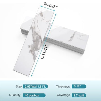 Vamos Tile Peel & Stick Backsplash on Subway Tile,40-Pack 3''x12'',Glossy - color: White Marble with White Grout