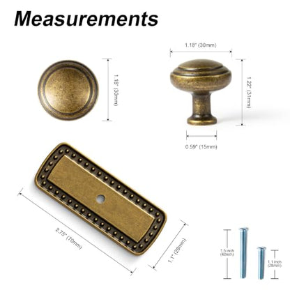 6Pack Champagne Bronze Cabinet Knobs with Backplate Drawer knobs - color: Antique Brass, style: Beadedge