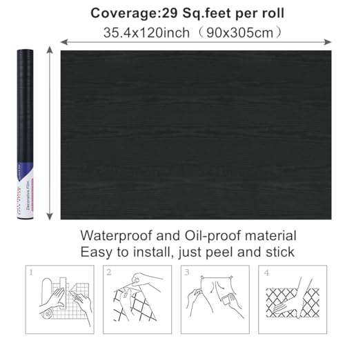 Arthome Peel and Stick Contact Paper Black Wood Wallpaper Self-Adhesive & Removable Vinyl Wall Paper for Countertop Furniture Kitchen, Easy to Clean, (33" x 120") - color: Black Wood, size: 33" x 120"