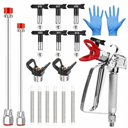 18 Pcs Airless Paint Sprayer Gun Kit – 3600PSI Professional Spray Gun, 6 Reversible Tips (211/313/415/515/517/623), 2 Extension Rods, 6 Filters & 2 Nozzle Seat，a Pair of Gloves