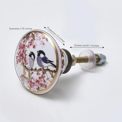 IndianShelf 6 Piece Pink Bird Ceramic Cabinet Knobs Round Gold Drawer Pulls - color: Pink and Golden, size: 6 Knobs