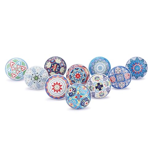 Ajuny Multicolor Ceramic Knobs Set 10 Printed Cabinet Drawer Pull Handles - color: Blue Multi